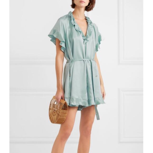 ZIMMERMANN RUFFLE-TRIMMED SILK PLAYSUIT ROMPER JUMPSUIT NAVY BLUE SIZE 2